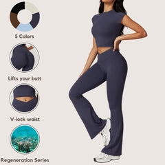 Freemyself recycled Yoga Set - Women's Quick-Dry Short Sleeve Top & Flared Leggings | Street-Ready Workout Outfit