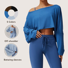 Freemyself Fitness Long-Sleeve Top for Women Off-the-Shoulder Batwing Sleeve Outerwear Casual Versatile Long-Sleeve Yoga Cover-Up