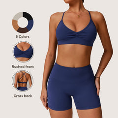 Freemyself Quick-Dry V-Neck Yoga Bra Cross-Back Gathered Underwire Sports Bra for Running & Fitness