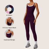Faux Two-Piece Color-Block Strapless Sports Jumpsuit One-Piece Yoga Suit with Backless Design Outdoor Fitness Jumpsuit