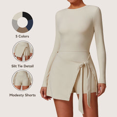 Freemyself Two-Piece Style Anti-Exposure Tight-Fitting Sports Dress Sexy Slit with Straps U-Shaped Back Tennis Skirt