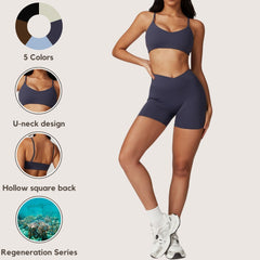 Freemyself recycled Yoga Set - Women's Quick-Dry Strappy Bra & Workout Shorts | Running, Gym Wear