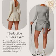 Freemyself Two-Piece Style Anti-Exposure Tight-Fitting Sports Dress Sexy Slit with Straps U-Shaped Back Tennis Skirt