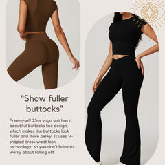 Freemyself recycled Yoga Set - Women's Quick-Dry Short Sleeve Top & Flared Leggings | Street-Ready Workout Outfit