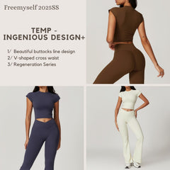 Freemyself recycled Yoga Set - Women's Quick-Dry Short Sleeve Top & Flared Leggings | Street-Ready Workout Outfit