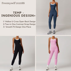Faux Two-Piece Color-Block Strapless Sports Jumpsuit One-Piece Yoga Suit with Backless Design Outdoor Fitness Jumpsuit