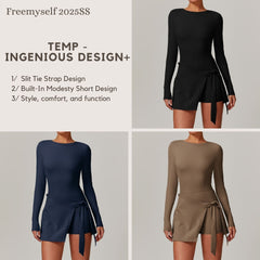 Freemyself Two-Piece Style Anti-Exposure Tight-Fitting Sports Dress Sexy Slit with Straps U-Shaped Back Tennis Skirt