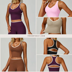 Freemyself Contrast-Trim Sports Bra for Women Bare-Back Lace-Up Sports Bra Tight-Fitting Running & Fitness Top