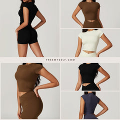 Freemyself recycled Yoga Set - Women's Quick-Dry Short Sleeve Top & Workout Shorts | Street-Ready Workout Outfit