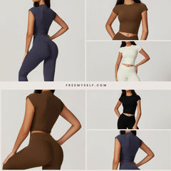 Freemyself recycled Yoga Set - Women's Quick-Dry Short Sleeve Top & Flared Leggings | Street-Ready Workout Outfit