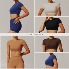 Freemyself Quick-Dry Crew Neck Yoga Short Sleeve Open-Back Tight-Fitting Top for Running, Sports, and Fitness