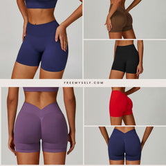Freemyself Seamless Knit Yoga Shorts for Women with V-Shaped Waistband Outerwear Running Sports Quick-Dry Fitness Pants