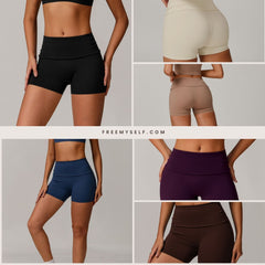 Freemyself recycled Yoga Shorts - Women's Fold-Over High-Waist with Lifting Fit | Quick-Dry Running & Gym