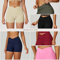 Bare-Skin High-Waisted Yoga Shorts Cross-Front Waistband Tight-Fit Yoga Pants Outdoor Running Cycling Sports Shorts