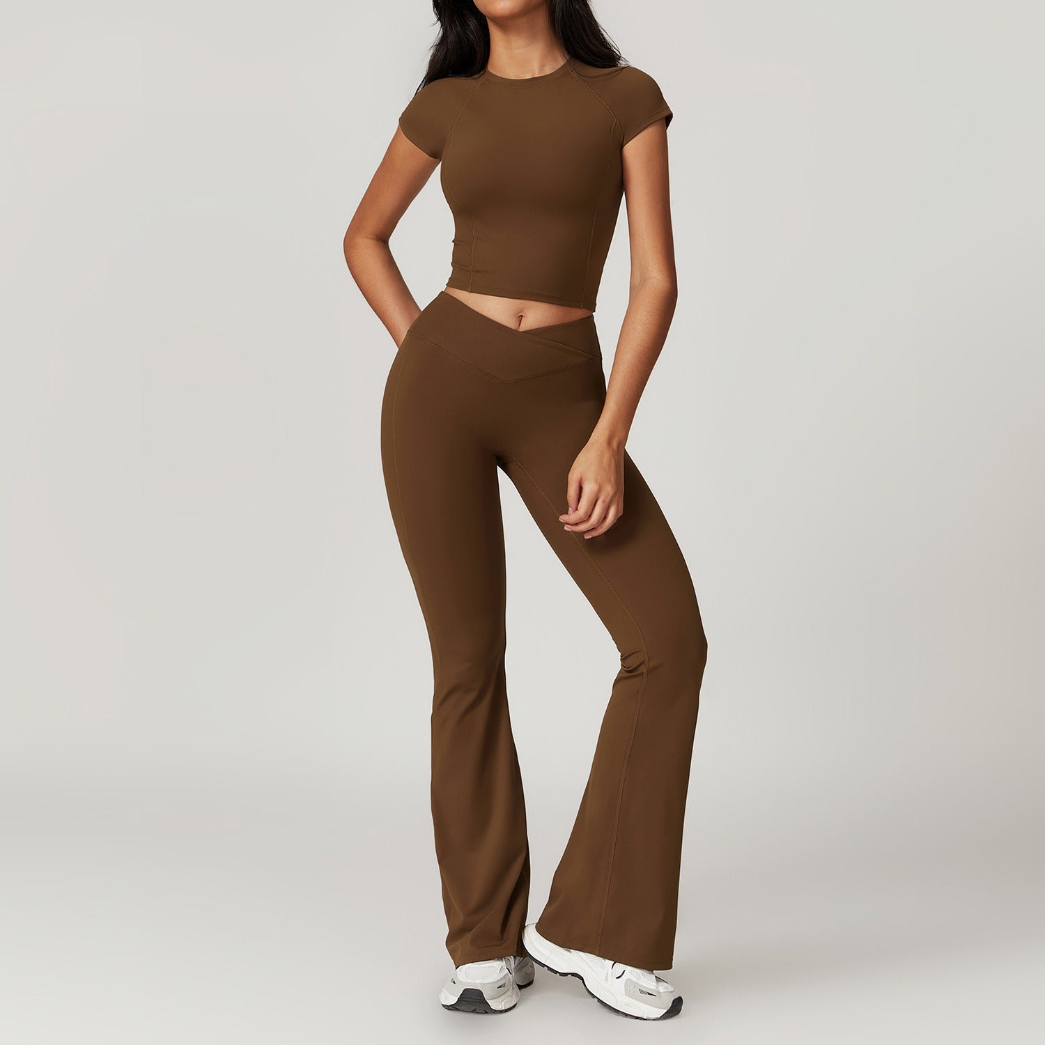 Freemyself recycled Yoga Set - Women's Quick-Dry Short Sleeve Top & Flared Leggings | Street-Ready Workout Outfit