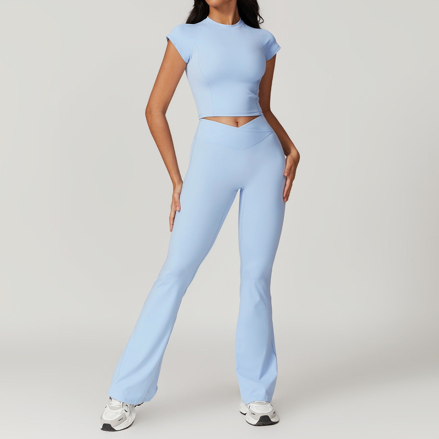 Freemyself recycled Yoga Set - Women's Quick-Dry Short Sleeve Top & Flared Leggings | Street-Ready Workout Outfit