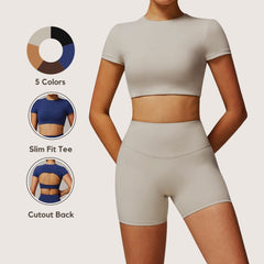 Freemyself Quick-Dry Crew Neck Yoga Short Sleeve Open-Back Tight-Fitting Top for Running, Sports, and Fitness