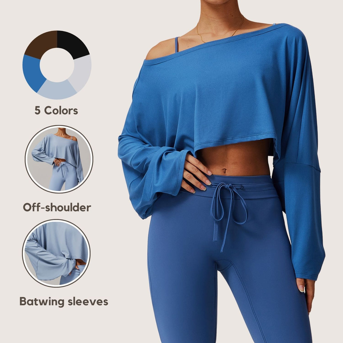 Freemyself Fitness Long-Sleeve Top for Women Off-the-Shoulder Batwing Sleeve Outerwear Casual Versatile Long-Sleeve Yoga Cover-Up