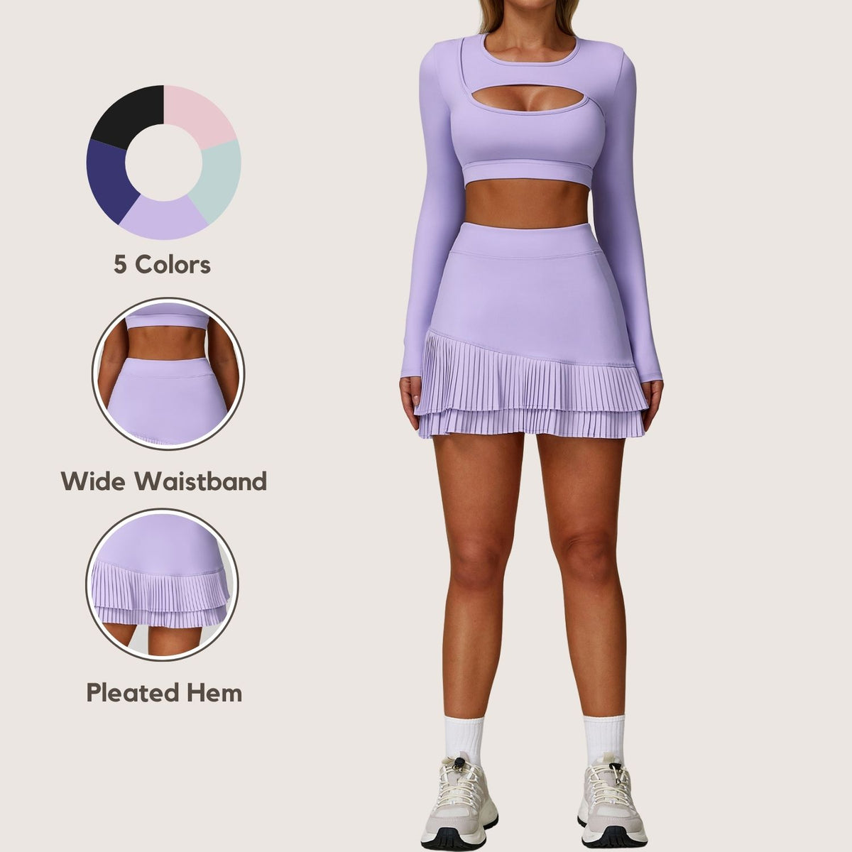 High-Waisted Sports Skirt with Nude-Tone Waistband, Flattering Fit, Pleated Hem, Anti-Exposure Design, Built-in Leggings, Pocket Detail