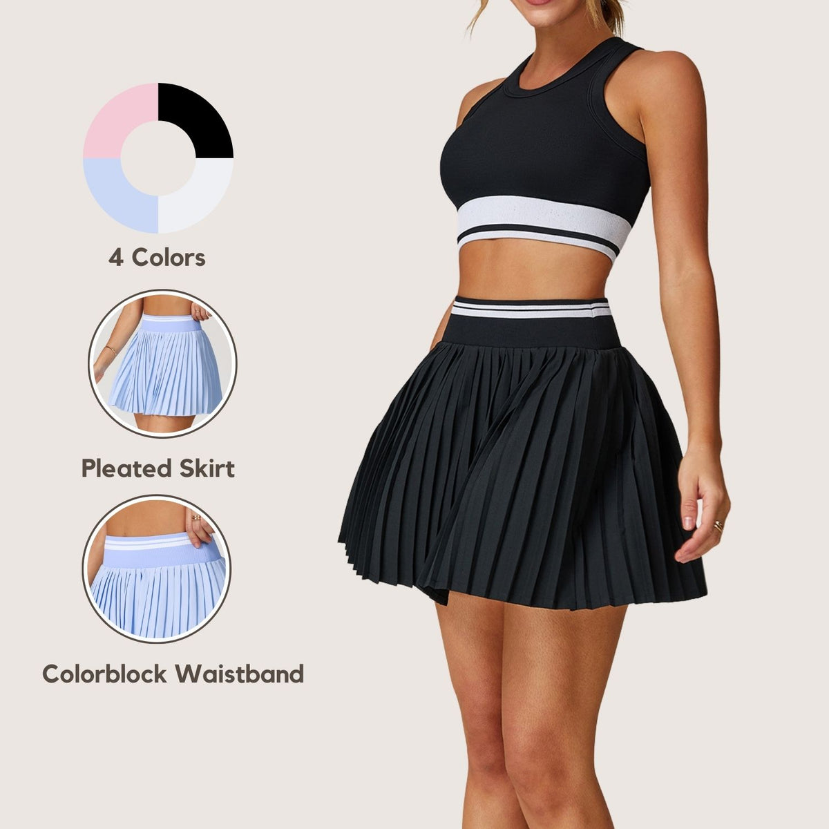 Freemyself High-Waisted A-Line Fitness Skirt with Contrasting Color Blocking Short Pleated Tennis Skirt with Anti-Exposure Design