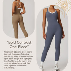 Faux Two-Piece Color-Block Strapless Sports Jumpsuit One-Piece Yoga Suit with Backless Design Outdoor Fitness Jumpsuit