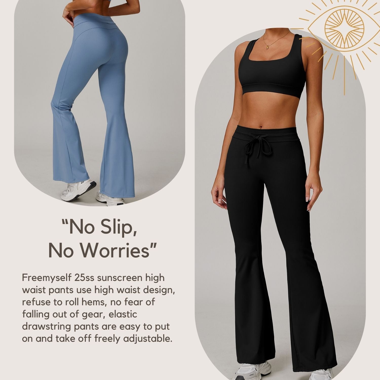 Freemyself UV-Protective Athletic Bell-Bottom Pants High-Waisted Drawstring Design Slightly Flared Fit UV Protection Breathable Cool-Feel Long Pants