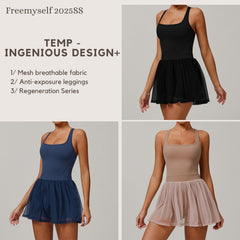 Freemyself recycled Mesh Tennis Skirt with Built-in Shorts - Faux Two-Piece, Quick-Dry, Breathable, Anti-Slip - Running Workout Activewear
