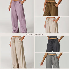 Freemyself Brushed-Finish Long Pants Draped Wide-Leg Relaxed Casual Pants Women's Athletic Fitness Elastic Drawstring Trousers