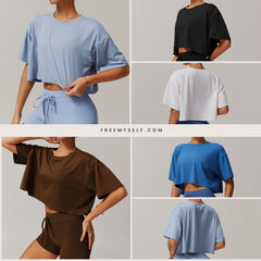 Freemyself Brushed-Back Short-Sleeve Sports Top Comfortable Crew Neck Cropped T-Shirt Fitness Running Yoga Wear