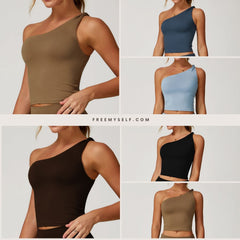 Freemyself Brushed Fleece Asymmetric One-Shoulder Twist Yoga Tank Top Sports Waist-Defining Shaping Casual Running Fitness Tank