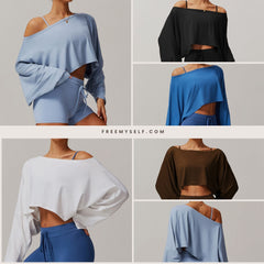Freemyself Fitness Long-Sleeve Top for Women Off-the-Shoulder Batwing Sleeve Outerwear Casual Versatile Long-Sleeve Yoga Cover-Up