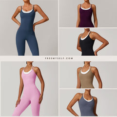 Faux Two-Piece Color-Block Strapless Sports Jumpsuit One-Piece Yoga Suit with Backless Design Outdoor Fitness Jumpsuit