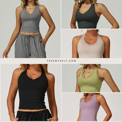 Freemyself Brushed Yoga Tank Top V-Neck Fitted Back-Flattering Sports Bra Running Workout Fitness Tank